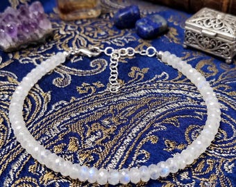 Natural Blue Flashy Moonstone Crystal Beaded 925 Sterling Silver Bracelet, 3-5mm Faceted Rondelle Gemstone 6-8" Bracelet, Handmade Jewellery