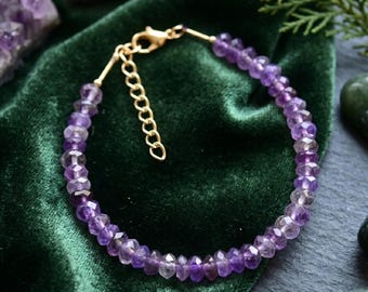Natural Purple Amethyst Crystal Beaded 925 Sterling Silver Chain Bracelet, 3-4mm Faceted Rondelle Gemstone, Handmade Jewellery, Gift For Her