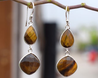 Tiger Eye Earrings, 925 Sterling Silver Tiger Eye Multi Gemstone Handmade Earrings, Halloween Gift For Her and Women, Wedding Dangle Earring