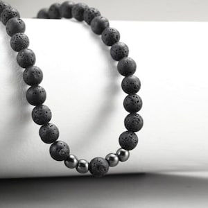 Natural Hematite & Black Lava Beads Necklace, Multi Smooth Round Gemstone 8MM 18&quot; Beaded Necklace Men Women, Valentine&#39;s Day Gift For Him