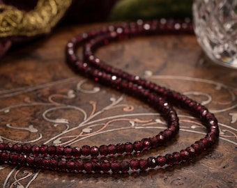Natural Red Garnet Beaded 2 Layered Necklace, 2-3MM Rhodolite Faceted Round Gemstone Necklace, Handmade Jewelry For Her, January Birthstone