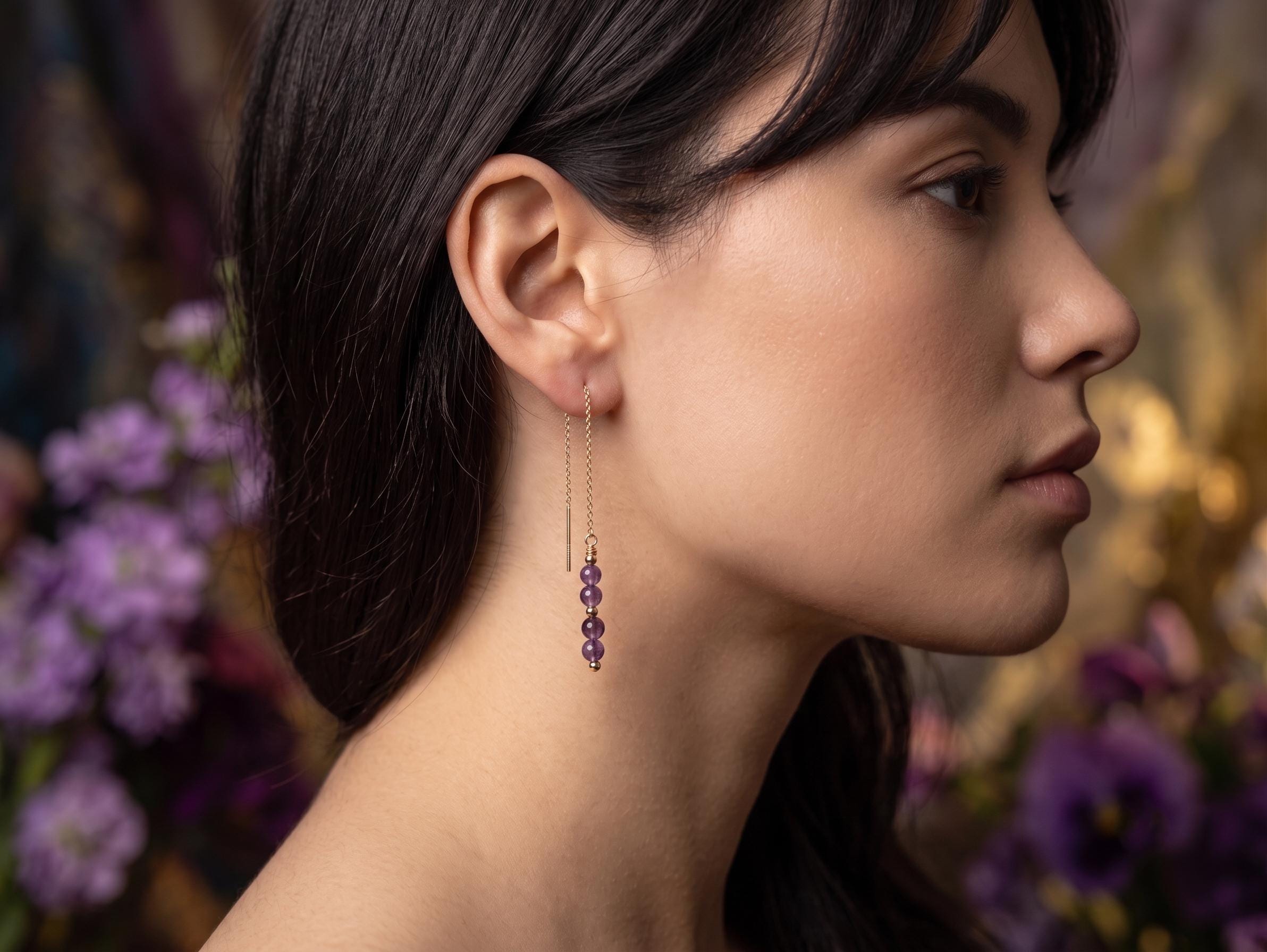Natural Purple Amethyst Crystal Beaded Threader Earrings, A+ Delicate February Birthstone Handmade Jewelry, Minimalist Everyday Gift For Her