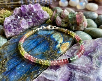 Multi Color Tourmaline Bracelet, Dainty Watermelon Tourmaline Beaded Bracelet, Delicate October Birthstone Jewelry, Layering Crystal Gift
