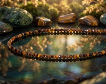 Natural Tigers Eye Necklace, Dainty 2MM Yellow Faceted Gemstone Choker, Minimalist Beaded Necklace, Protection Crystal Jewelry, Gift for Her