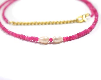 AAA+++ Natural Ruby And Pearl Gemstones Beaded Necklace, Pink Faceted Rondelle Beads, Handmade Jewellery, Confidence & Love Enhancing Beades