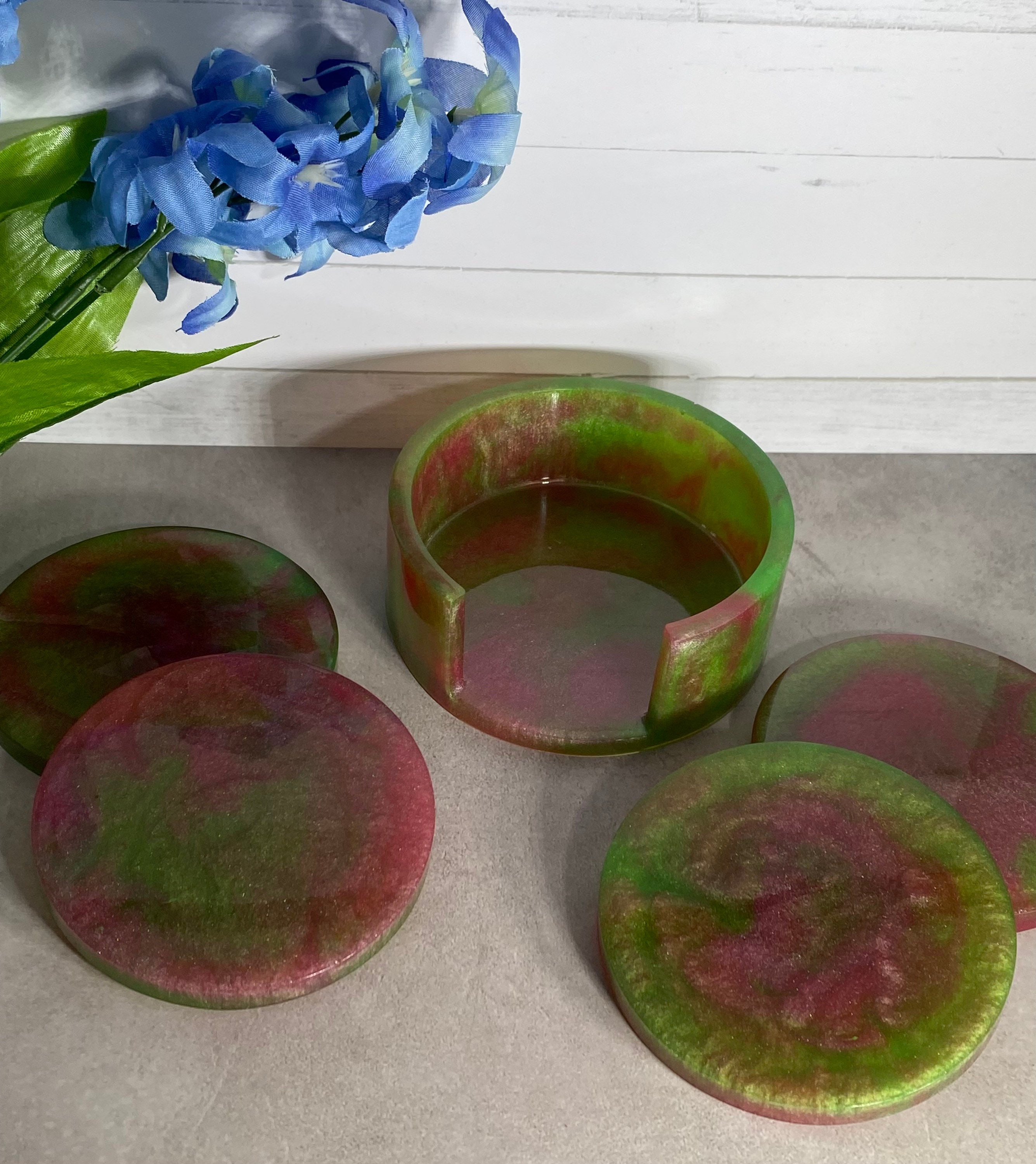 Coral and Green Coaster Set with Holder Etsy