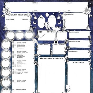 May include: A printable character sheet for a role-playing game. The sheet is designed with a blue and white color scheme and features illustrations of mushrooms, butterflies, and owls. The sheet includes sections for character information, abilities, skills, and equipment.