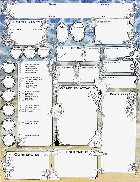 Printable Dungeons And Dragons Ocean Themed Character Sheet Etsy