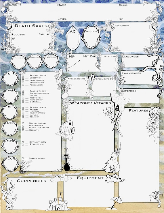 Printable Dungeons And Dragons Ocean Themed Character Sheet Etsy