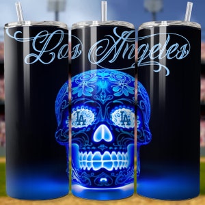 LA Sugar Skull 20oz Skinny Tumbler Wrap, Dodger Colors, Instant Download, PNG, Digital Download