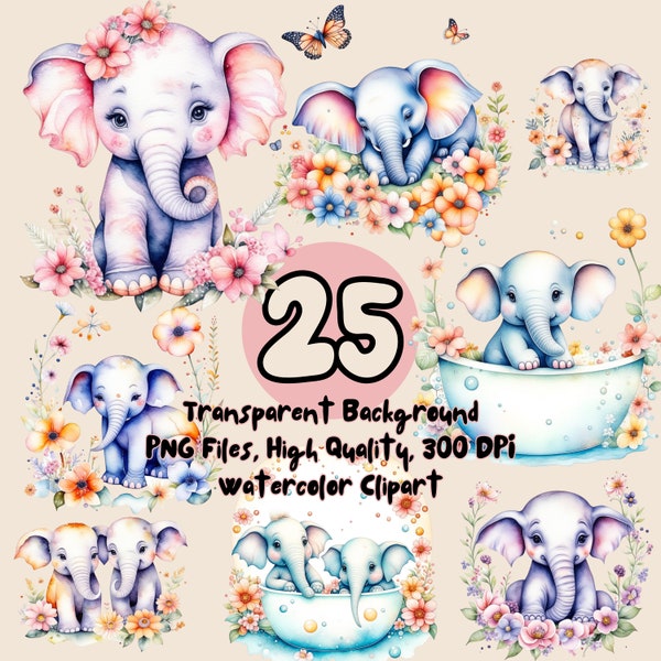 Baby Elephant watercolor clipart, cute elephants, PNG, PNG Bundle, Baby Shower, Nursery Designs, Watercolor, Transparent Background