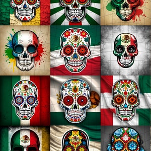 20 Sugar Skull Mexican Flag PNG Files, Digital Bundle, Viva Mexico, Digital Bundle, Instant Download, Dia De Los Muertos, Bundle, Clipart
