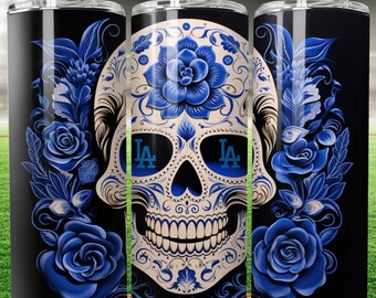 LA Sugar Skull 20oz Skinny Tumbler Wrap, Dodger Colors, PNG, Digital Download, Seamless, Tumblerful Tumbler Wrap, Sublimation, Sublimational