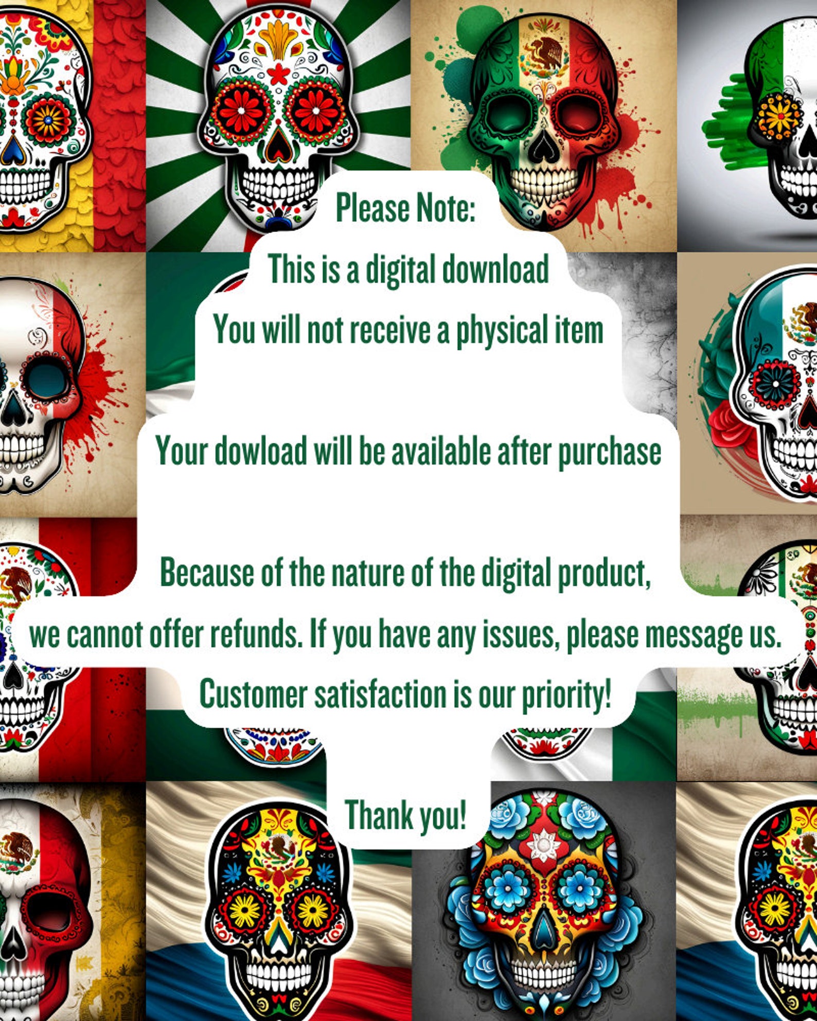 20 Sugar Skull Mexican Flag PNG Files, Digital Bundle, Viva Mexico, Digital Bundle, Instant ...