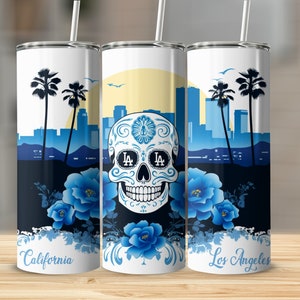 LA Sugar Skull 20oz Skinny Tumbler Wrap, Dodger Colors, PNG, Digital Download, Seamless, Tumblerful Tumbler Wrap, Sublimation, Sublimational