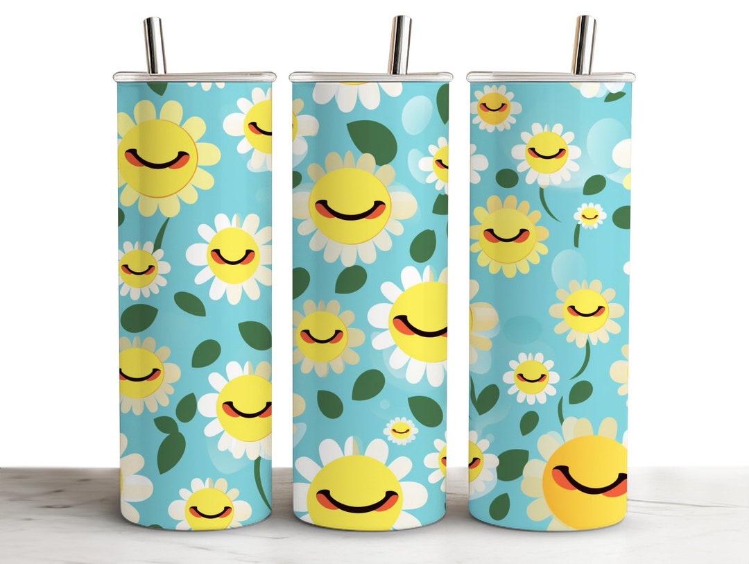 Retro Daisy Floral Smiley Face 20oz Skinny Tumbler Wrap PNG Sublimation ...