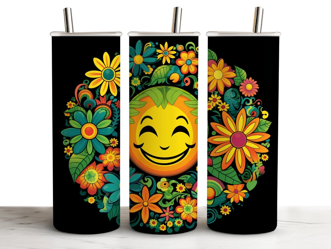 Retro Daisy Floral Smiley Face 20oz Skinny Tumbler Wrap PNG Sublimation ...