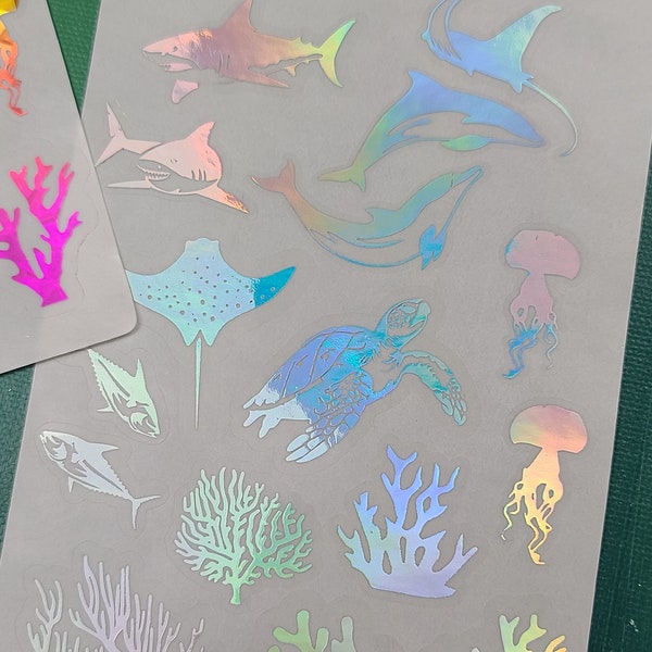 Sea Stickers Sheet Holographic Clear shark stickers holographic sticker sheet fantasy stickers Clear stickers ocean life stingray stickers