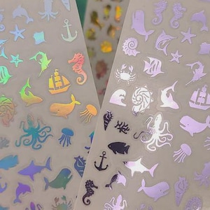 Micro Ocean Sticker Sheet • Clear Holographic Sea Creature Vinyl Stickers • Planner, Journal & Scrapbook Decals