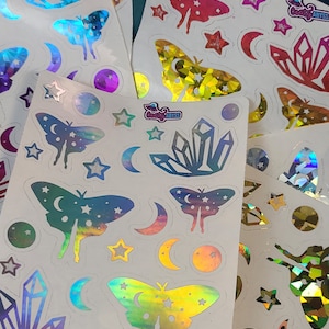Luna Moth Stickers Holographic Clear Crystal stickers iridescent stickers holographic sticker sheet foil Lunar sticker star stickers