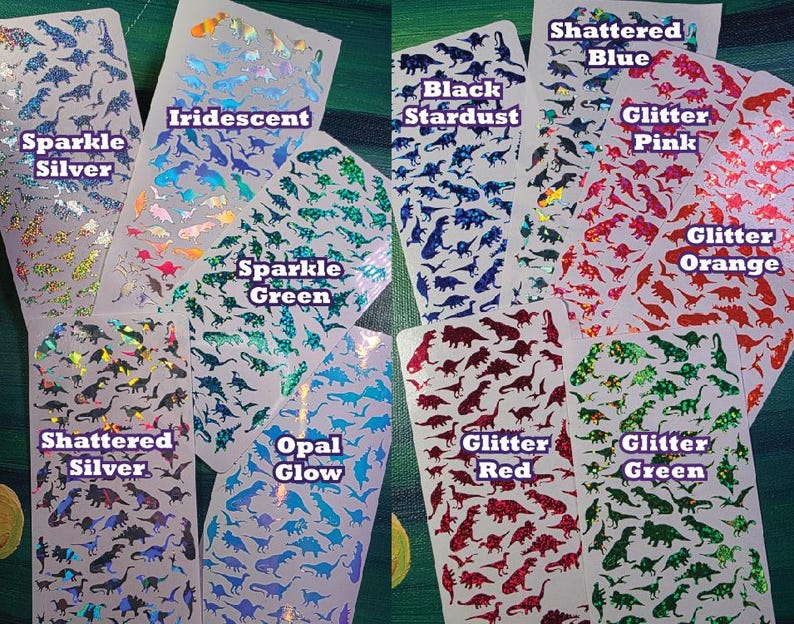Hoja de pegatinas de dinosaurios pequeños, pegatinas de dinosaurios de vinilo impermeables, pegatinas de dinosaurios de vinilo holográfico que brillan en la oscuridad, pegatina de tiranosaurio imagen 3