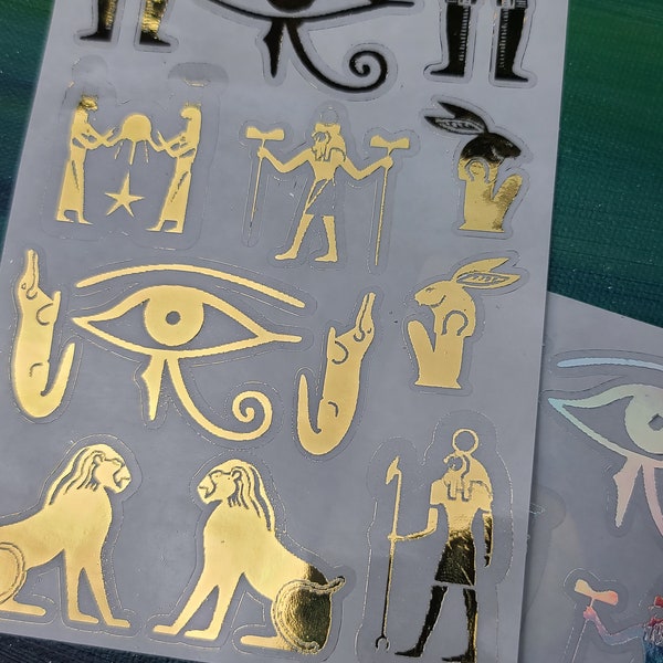 Ancient Egyptian stickers gold hieroglyphic sticker sheet holographic sticker sheet fantasy stickers Clear water resistant Egypt stickers