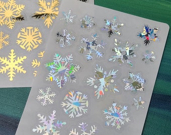 Snowflake stickers gold Holiday sticker sheet holographic snowflake silver snowflake stickers Clear stickers water resistant Holographic