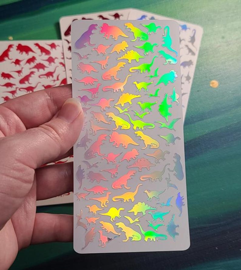 Hoja de pegatinas de dinosaurios pequeños, pegatinas de dinosaurios de vinilo impermeables, pegatinas de dinosaurios de vinilo holográfico que brillan en la oscuridad, pegatina de tiranosaurio imagen 5