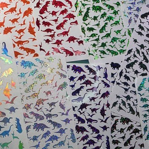 Hoja de pegatinas de dinosaurios pequeños, pegatinas de dinosaurios de vinilo impermeables, pegatinas de dinosaurios de vinilo holográfico que brillan en la oscuridad, pegatina de tiranosaurio imagen 2