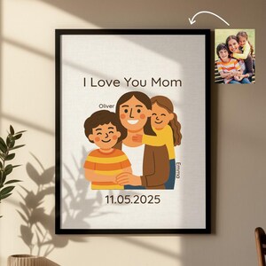 Individuelles Portrait vom Foto – Personalisierte Wandkunst Geschenk für Mama – Illustrierte Familienzeichnung mit Namen, Geschenk Andenken