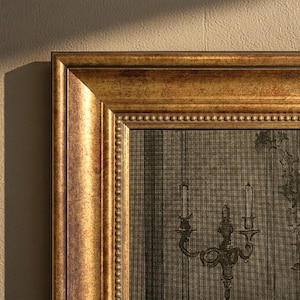 Può includere: Un'opera d'arte murale rettangolare con uno sfondo scuro e testurizzato che presenta un'illustrazione stampata di un candelabro. L'opera è racchiusa in un'ampia cornice dorata ornata con un bordo interno a perline e finitura anticata.