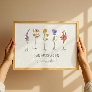 Stampa artistica da parete personalizzata con fiori per la nascita della nonna e nomi - Stampa su tela incorniciata per la festa della mamma, compleanno o regalo per i nonni - Regalo per la nonna
