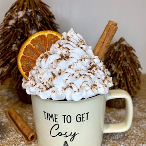 Whipped Cream Faux Mug Topper with a Slice of Orange, Cinnamon Stick with Cinnamon Powder  / Christmas Decor / Winter Decor /Mug Topper