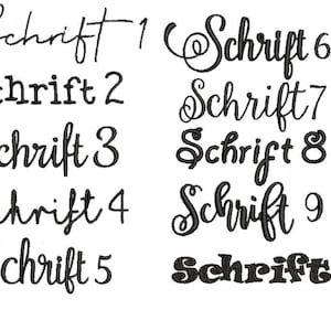 May include: A graphic showing 10 different font styles, labeled "Schrift 1" through "Schrift 10".