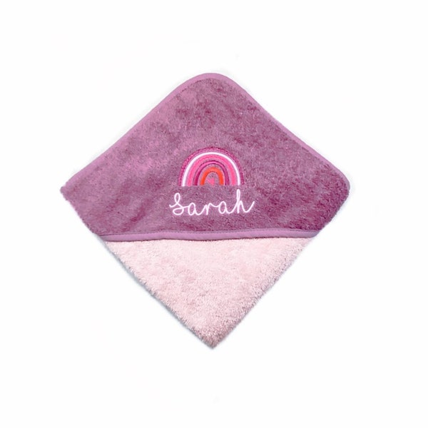 Baby hooded towel embroidered with rainbow and personalized name