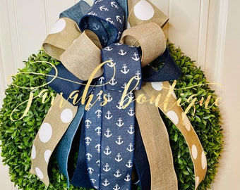 Coastal Wreath Bow, Nautical Wreath Bow, Beach Bows for Wreath, Flag, Spring, Beach Decor, Lanterns, Ocean Decor, Beach Wreath, Anchor
