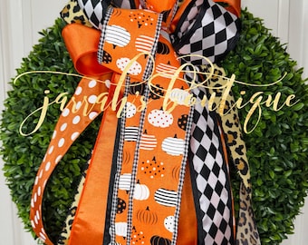 Herbst Leopard Kranz Schleife, Herbst Laterne Schleife, rosa Kürbis, Erntedank Schleife, Halloween Schleife, Kürbis Schleife, Harlekin Schleife