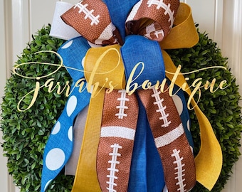 Football Wreath Bow, Blue and Gold Wreath Bow, Wreath Bows, Football Wreath, Blue Wreath Bow, Sports Theme Bows, Los Angeles Chargers