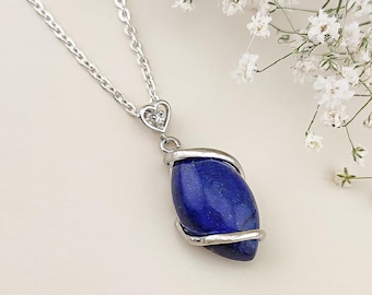 Handmade Lapis Lazuli Pendant Necklace: Silver Brass & Stainless Steel