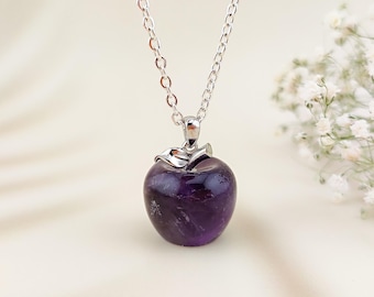 Amethyst Apple Pendant Necklace: Natural Gemstone, Stainless Steel Chain