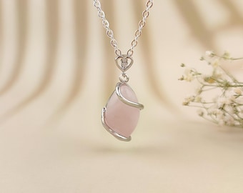 Rose quartz pendant necklace for men and girl, Natural gemstone necklace, Crystal pendant, Love stone jewelry, Stainless steel necklace