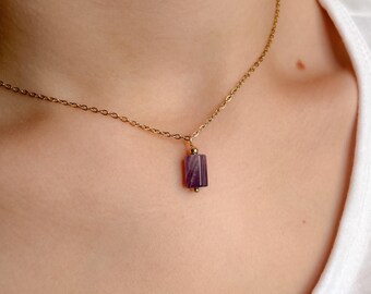 Minimalist Amethyst Pendant Necklace, Stainless Steel  February Birthstone