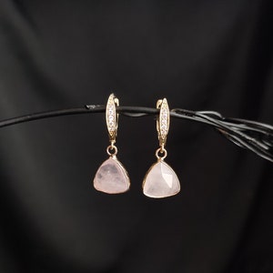 Rose quartz gemstone dangle earrings, Minimalist gemstone earrings