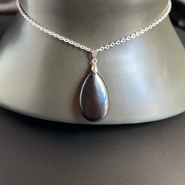 Black obsidian teardrop pendant necklace, Natural gemstone pendant, Crystal jewelry, Black obsidian jewellery