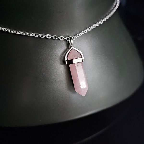 Rose quartz gemstone bullet pendant necklace, Natural crystal pendant necklace for womens and girls