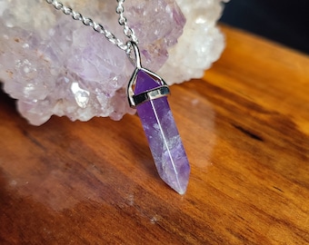 Amethyst gemstone bullet pendant necklace, Natural crystal pendant
