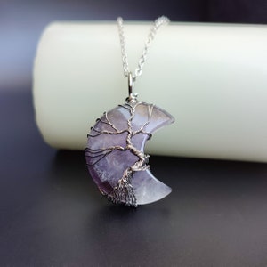 Natural amethyst wire wrapped pendant necklace, Amethyst moon pendant, Men necklace