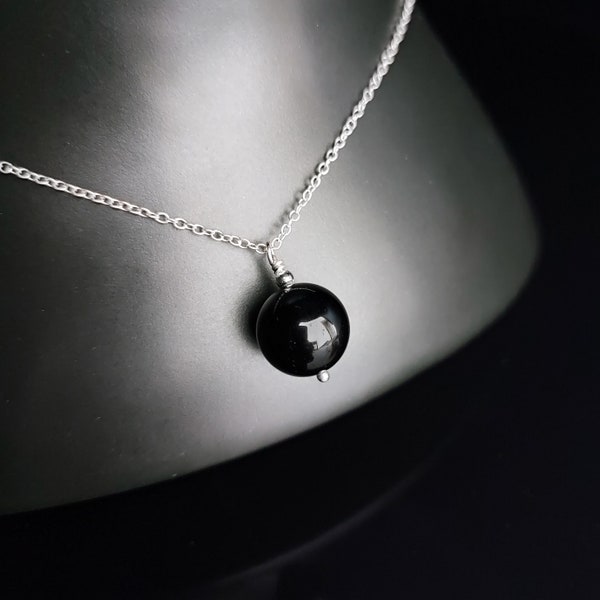 14mm black obsidian bead pendant necklace, Natural obsidian jewelry for girl, Women jewellery