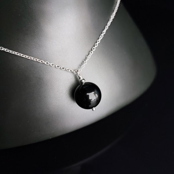 Collar con colgante de obsidiana negra: cuentas redondas de 14 mm, cadena de acero inoxidable