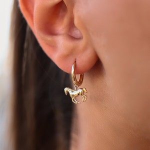 14K Gold Horse Hoop Earrings, Horse Earring, Horse Shaped Earring, Gold Animal Earring, Horse Earring, Dangle  Running Horse, Gift for Her